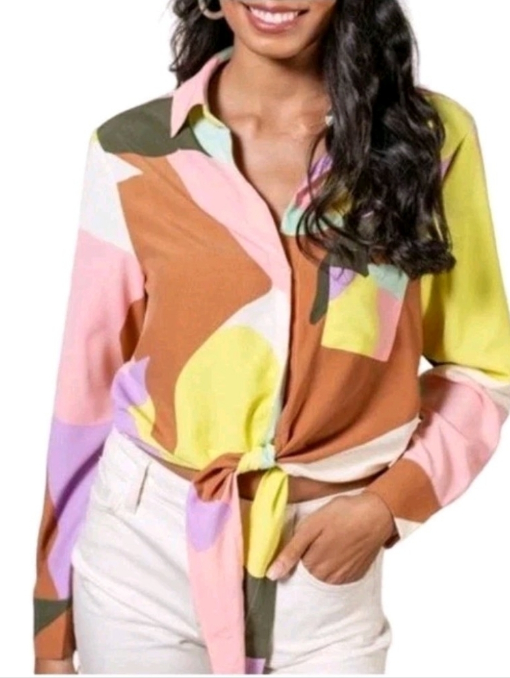 Sanctuary Sz L Girlfriend Tie Hem Button Shirt Artist Fie in Multi Color Block